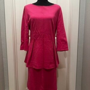 St. John Knits Milano Knit Peplum Top & Matching Skirt in Bright Pink - Size 12